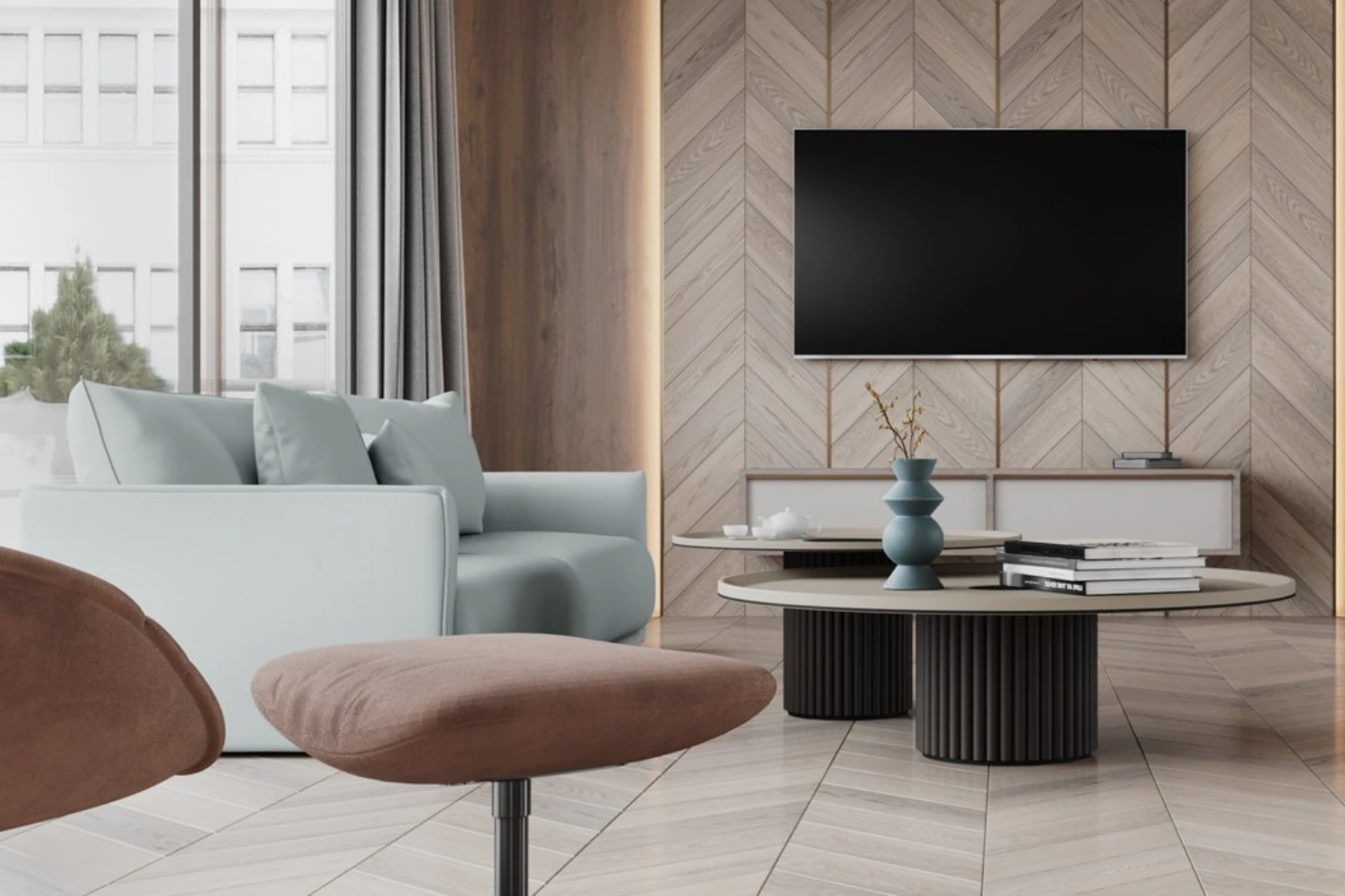 Nowoczesny salon z jodełką na podłodze i ścianie